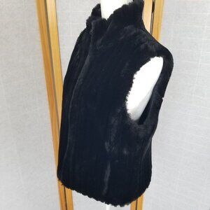 1980s Express Black Faux Fur Vest Coat Zip Up Reversible to Satin Size Medium